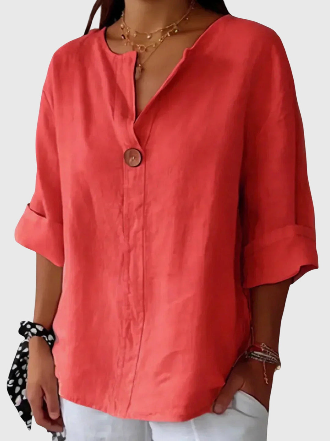 Elegant Gemma™ blouse by Isabel y Miguel Madrid, featuring a comfortable fit and stylish design, shown in a close-up image.