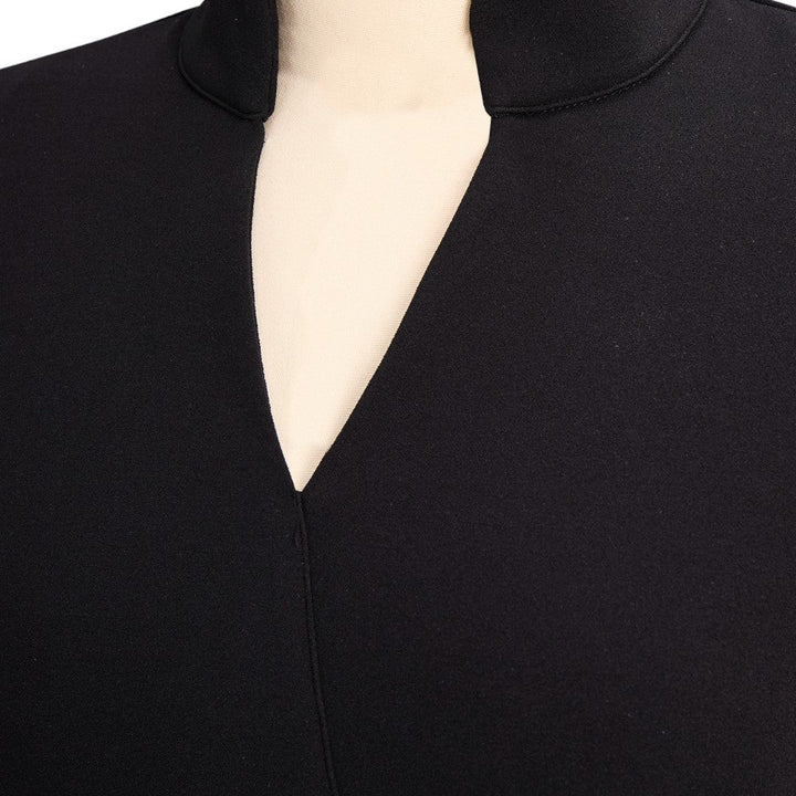 Marina | Vestido negro refinado con cinturón y cuello mandarín - Carlos Hernández Madrid