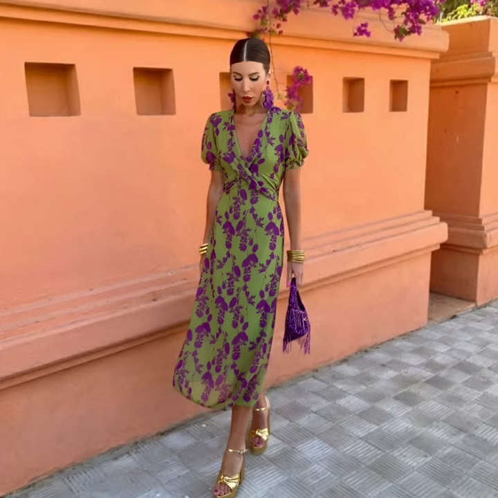 Andrea™ spring dress by Isabel y Miguel Madrid featuring a floral pattern and lightweight fabric.