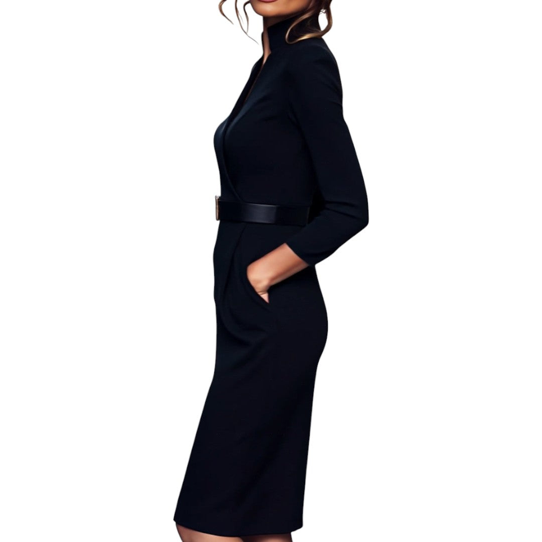Marina | Vestido negro refinado con cinturón y cuello mandarín - Carlos Hernández Madrid