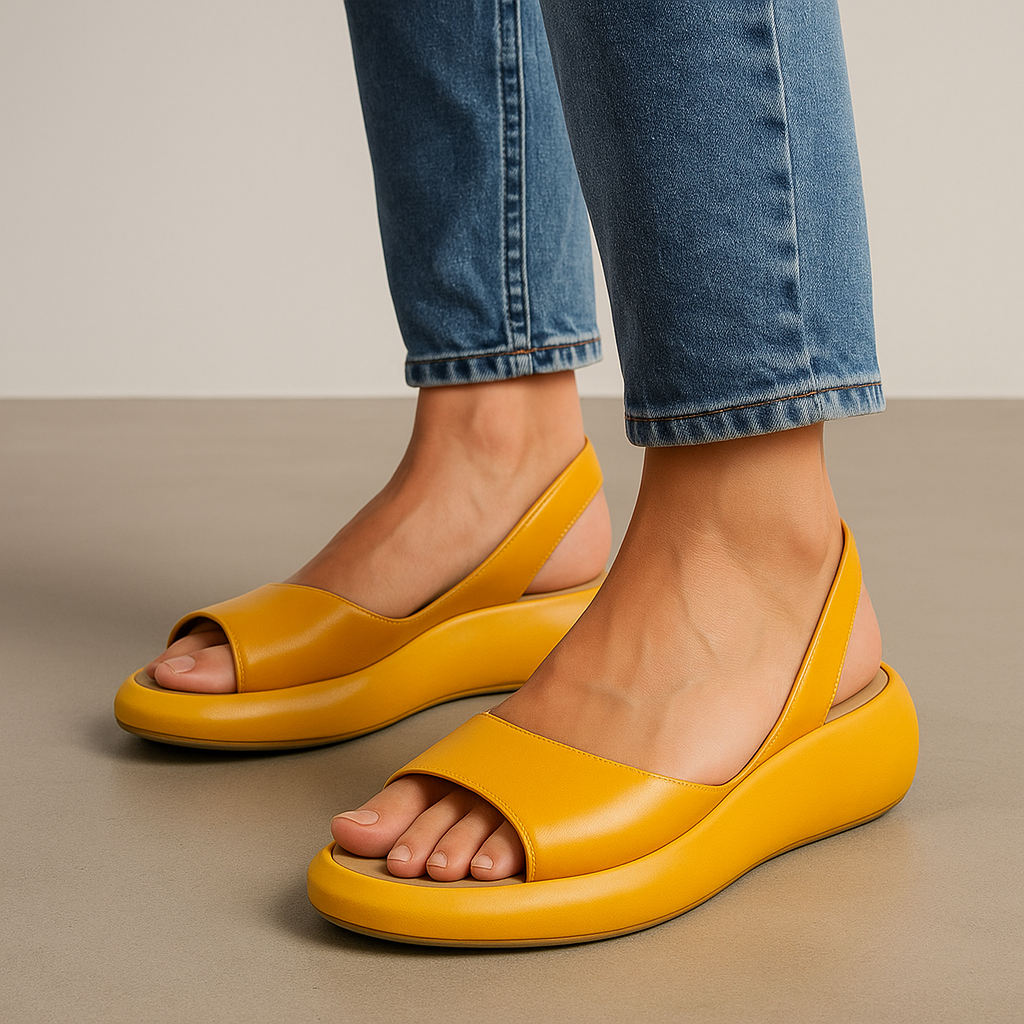 Sandalias abiertas antideslizantes Giselle de Isabel y Miguel Madrid en color amarillo, con suela antideslizante y diseño cómodo.