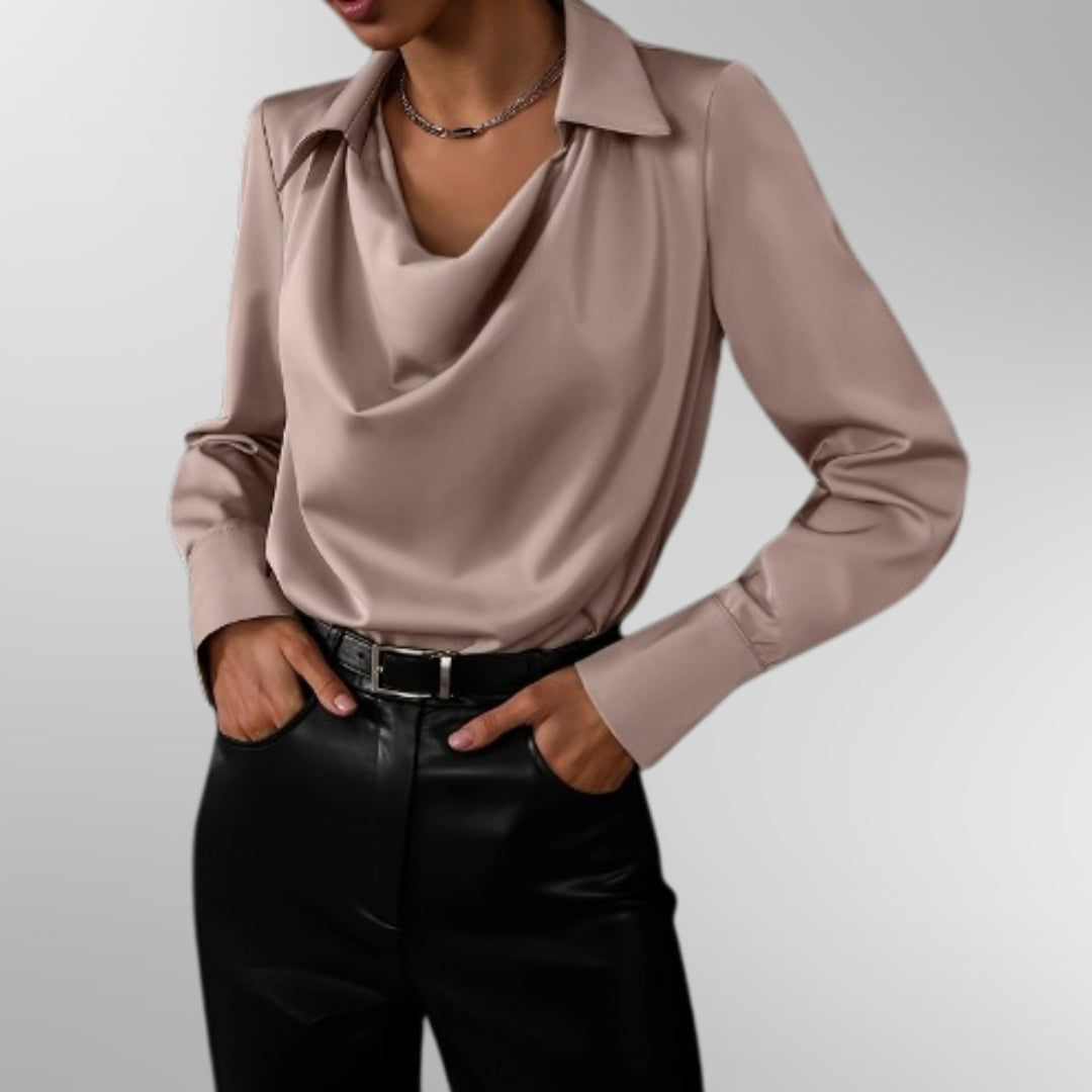 Violet™ Isabel y Miguel Madrid elegant satin blouse in purple with a stylish collar and long sleeves, displayed on a mannequin.