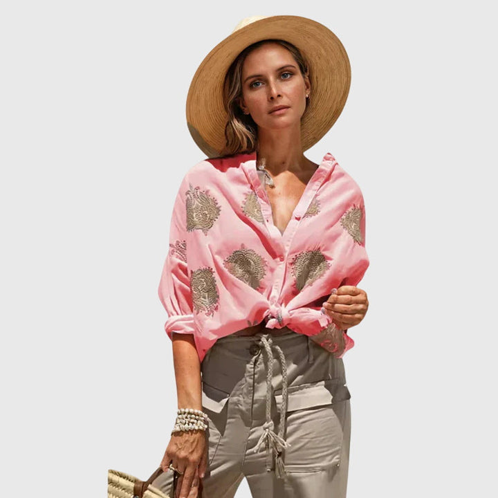 Elegant, lightweight Josie blouse by Isabel y Miguel Madrid shown in soft fabric with a stylish neckline and subtle detailing.