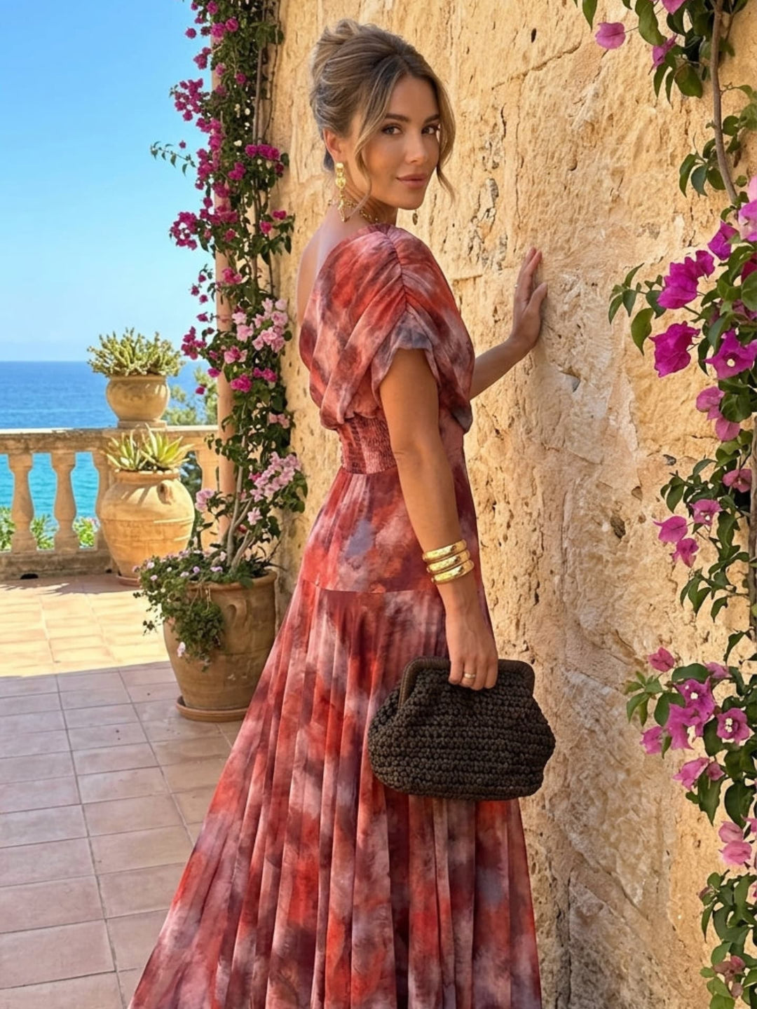 Vestido largo con escote a hombros descubiertos en tonos acuarela