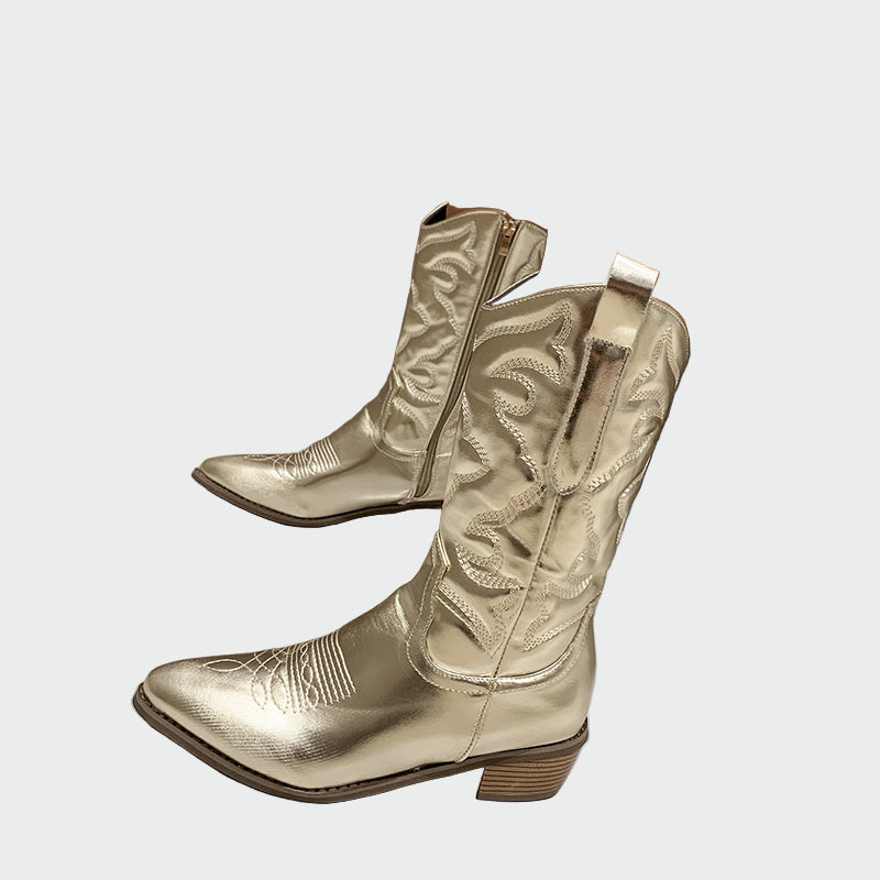 Estrella | Botines De Cowboy Metálicos En Rosa Con Bordado - Carlos Hernández Madrid
