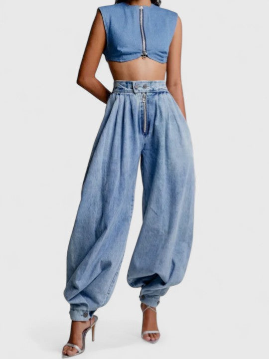 Jeans de mujer Isabel y Miguel Madrid con cintura alta y estilo balloon, en color clásico y ajuste cómodo.