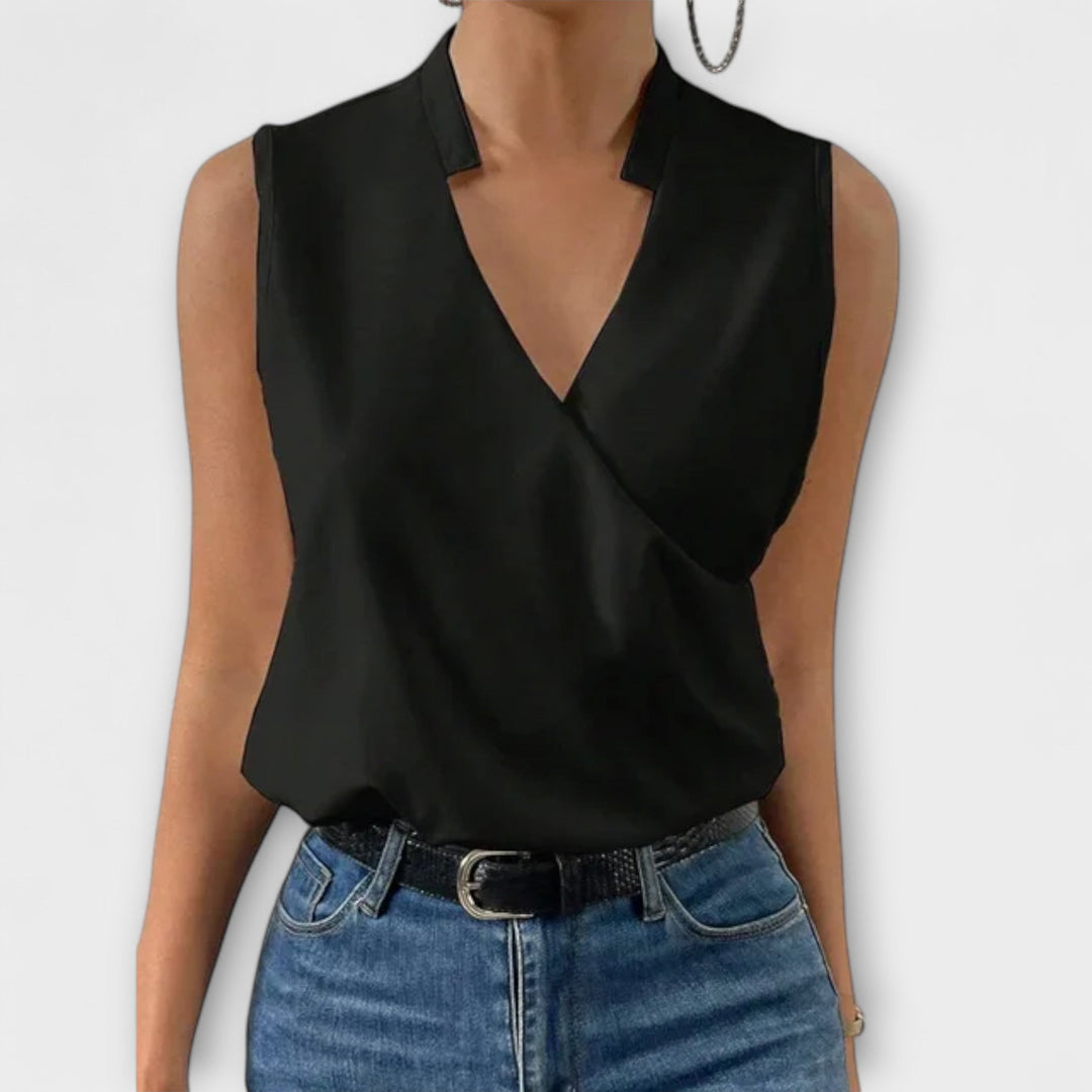 Loretta women's white V-neck sleeveless top by Isabel y Miguel Madrid, casual summer blouse with printed design.