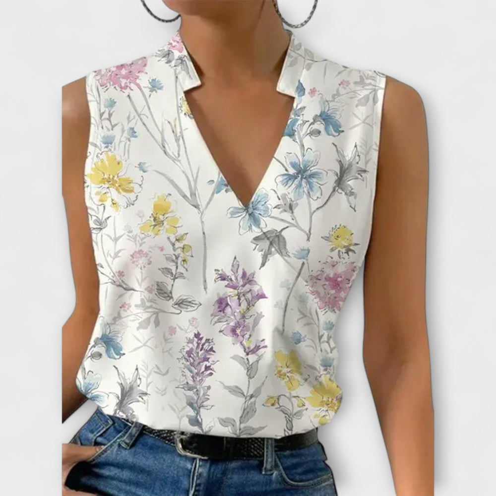 Loretta women’s sleeveless V-neck top by Isabel y Miguel Madrid, featuring a stylish print and casual summer design.