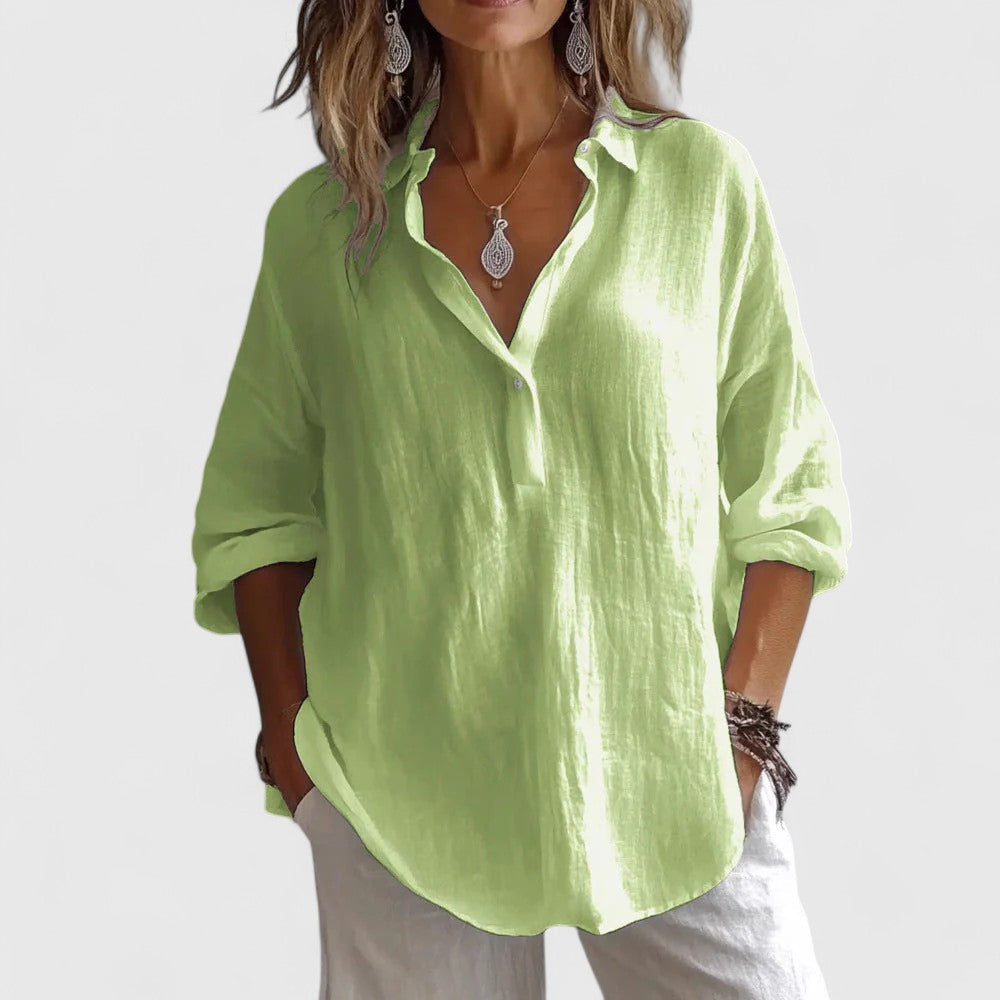 Elegant Roxanna blouse by Isabel y Miguel Madrid, featuring a chic design with stylish fabric and intricate details.