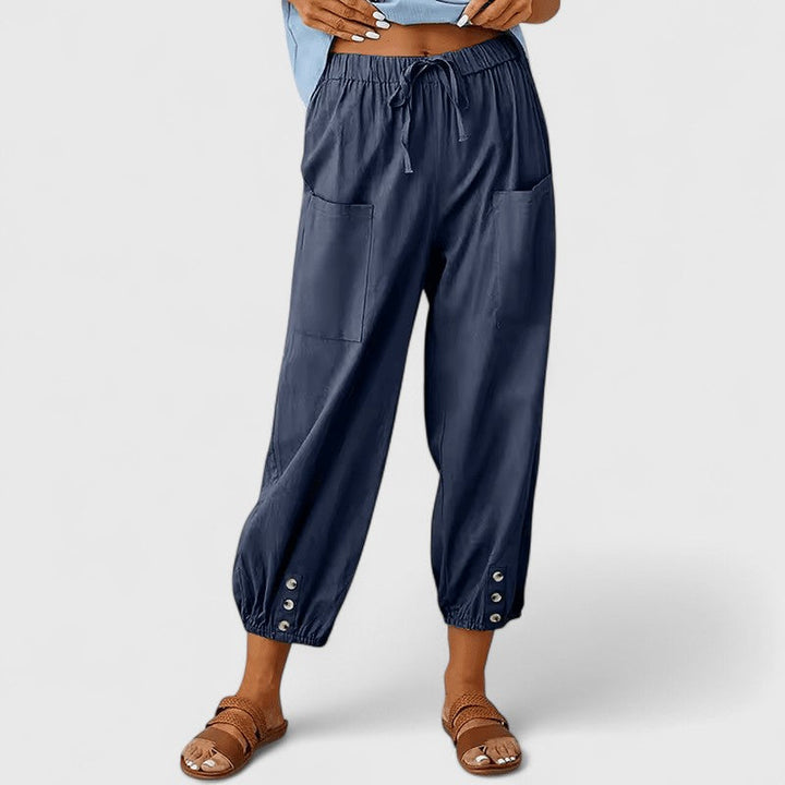 Pantalones anchos de verano para mujer de la marca Isabel y Miguel Madrid, estilo elegante y cómodo, en color claro.