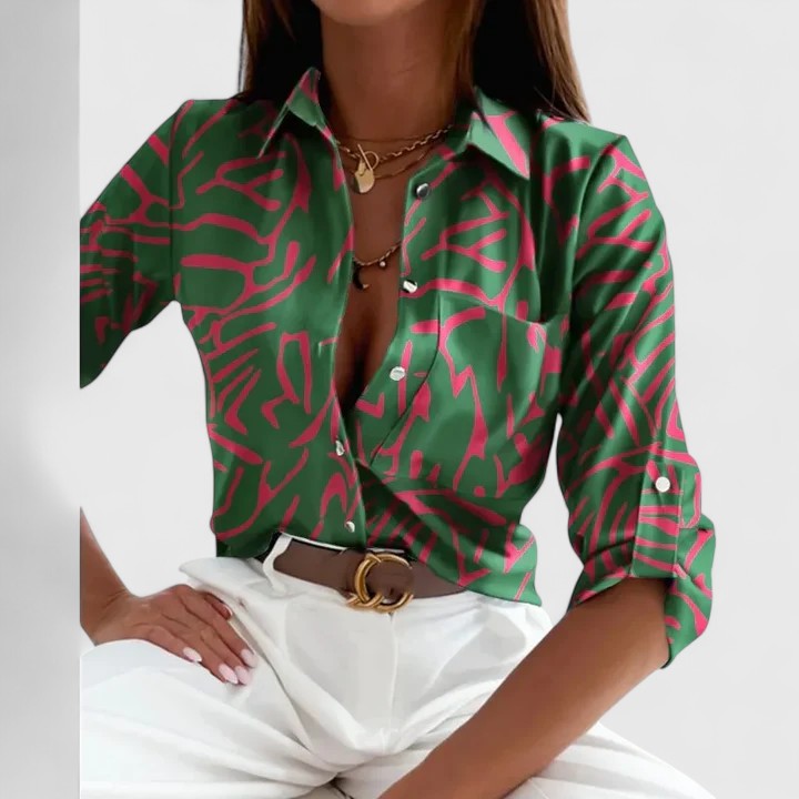 Elegant Lisette long sleeve blouse by Isabel y Miguel Madrid, shown in a stylish, classic design with detailed fabric texture.