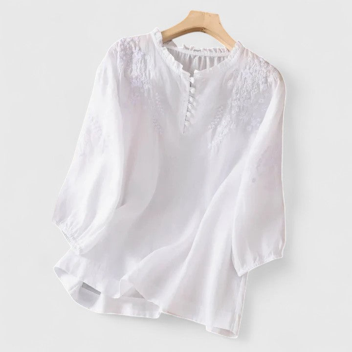 Vasilene chic blouse with front buttons by Isabel y Miguel Madrid, featuring a stylish design and elegant fabric.