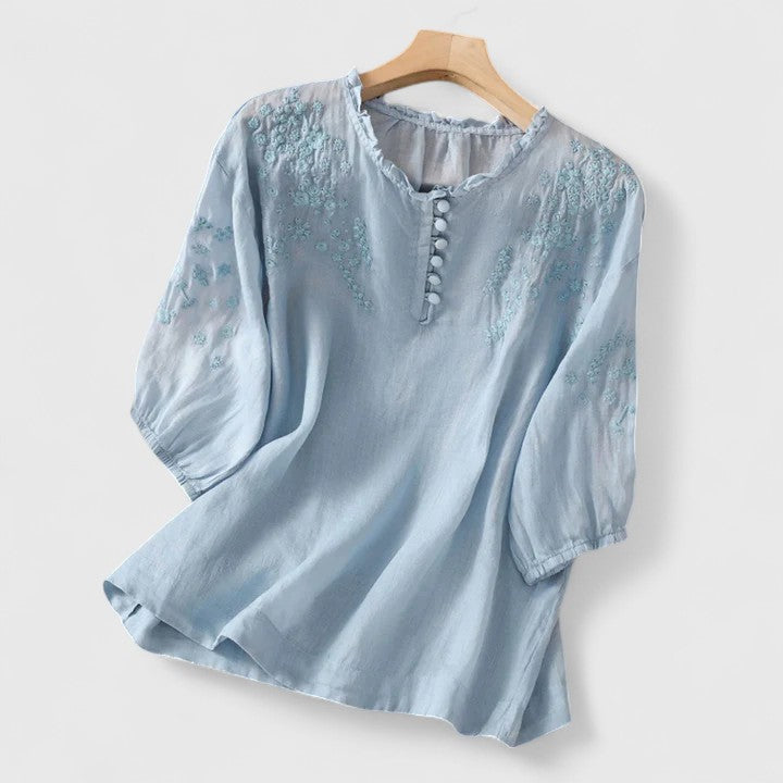 Vasilene chic blouse with front buttons by Isabel y Miguel Madrid, featuring a stylish design and elegant fabric.