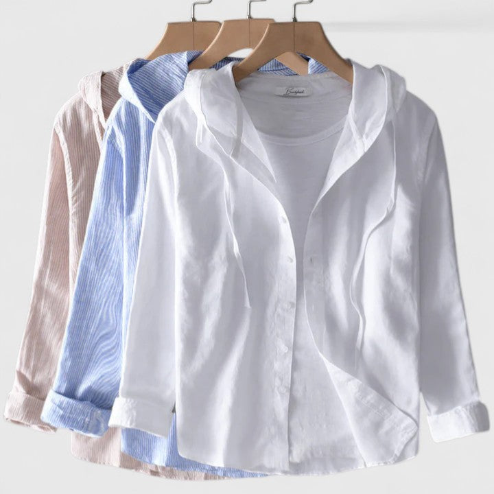 Isabel y Miguel Madrid Demi blouse with hood, sunset-colored breezy linen fabric, casual stylish top for women.