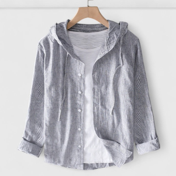 Isabel y Miguel Madrid Demi elegant hoodie blouse in breezy linen fabric, shown in sunset-inspired colors