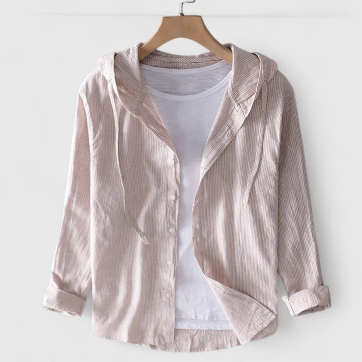 Isabel y Miguel Madrid Demi Elegante Blusa con Capucha in sunset linen fabric, shown with relaxed fit and casual style.