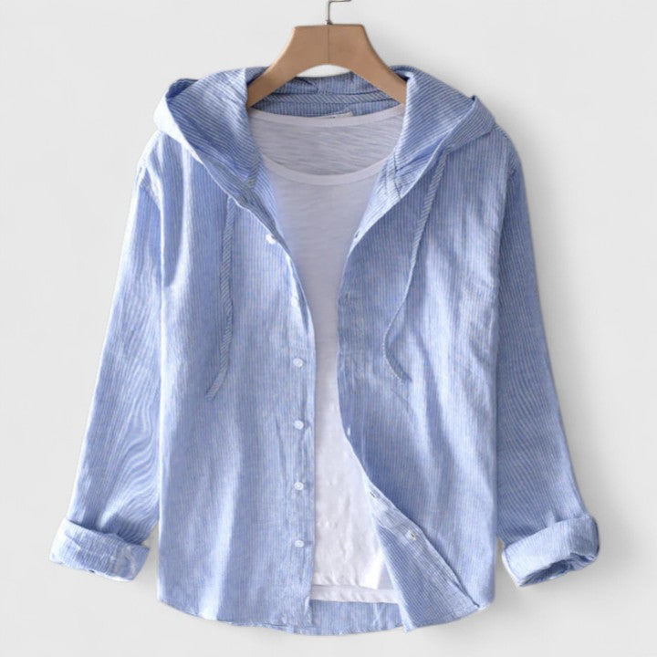 Isabel y Miguel Madrid Demi elegant blouse with hood, soft linen fabric, sunset-inspired colors, and relaxed fit.