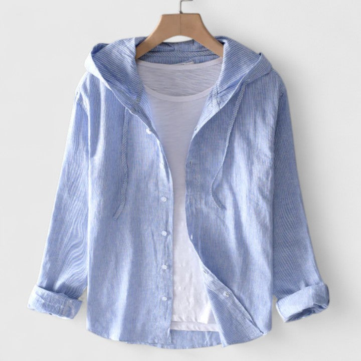 Isabel y Miguel Madrid Demi elegant hoodie blouse in breezy linen with sunset-inspired colors, casual and stylish for women.