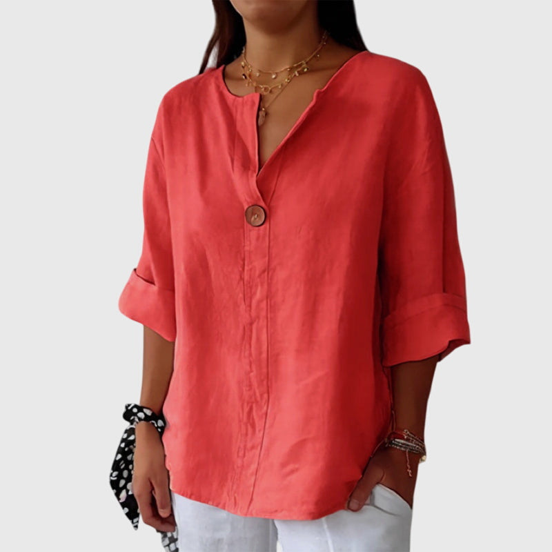Valentina™ elegant women's shirt by Isabel y Miguel Madrid, featuring a stylish, fitted design with a classic collar and button details.