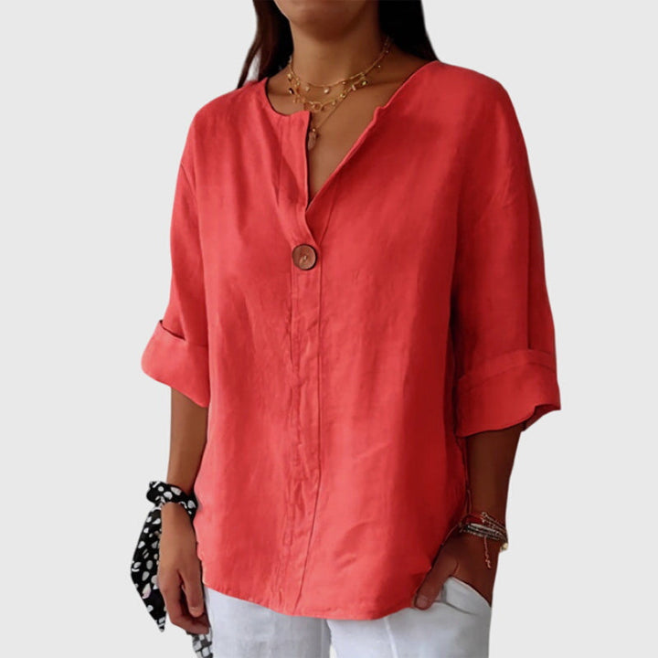 Valentina™ elegant women's shirt by Isabel y Miguel Madrid, featuring a stylish, fitted design with a classic collar and button details.