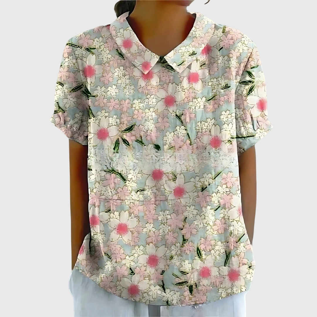 Jenna™ floral blouse by Isabel y Miguel Madrid, lightweight fabric with colorful floral print and long sleeves.