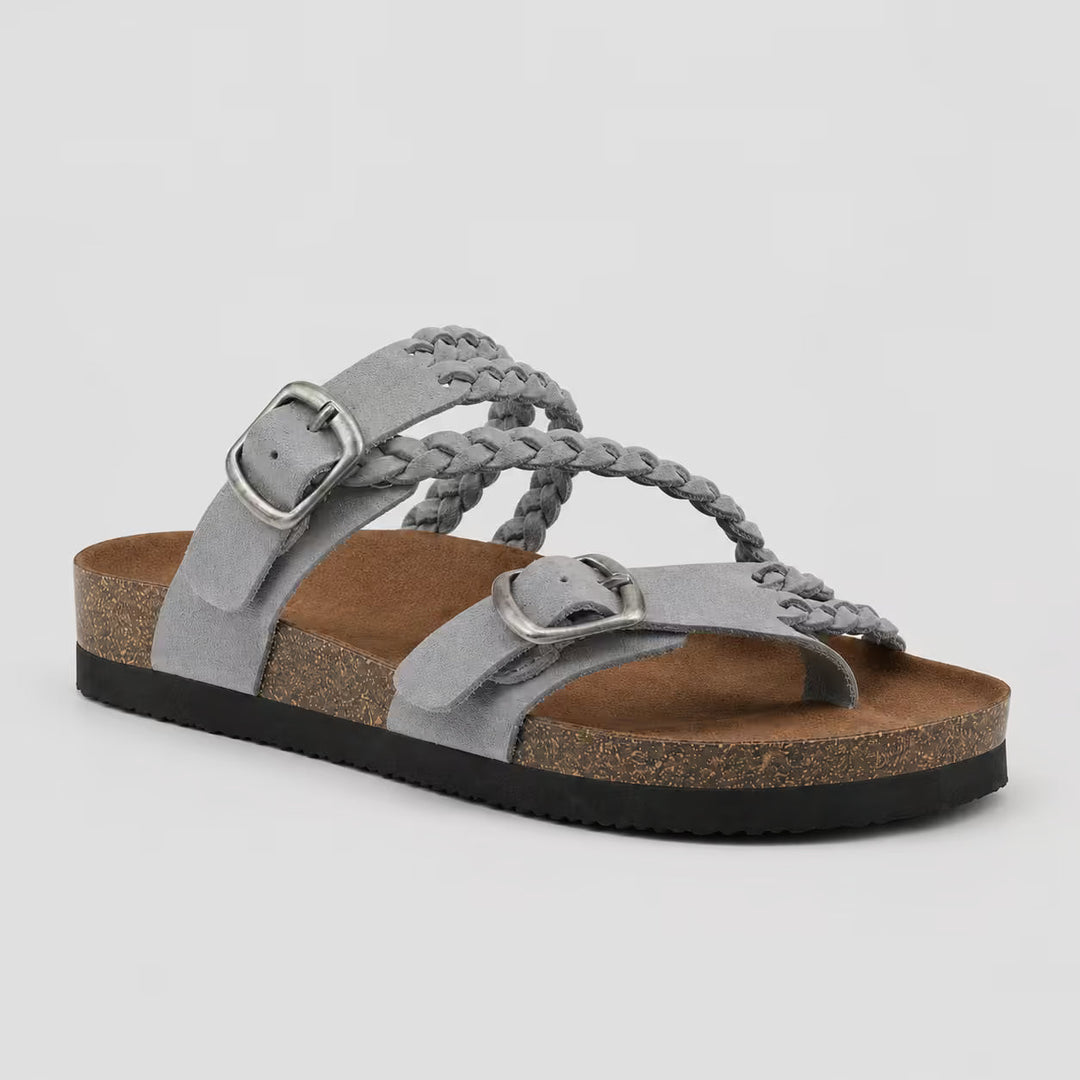 Sandalias ortopédicas Isabel y Miguel Madrid en gris azulado con dos hebillas, cómodas y de apoyo para los pies.
