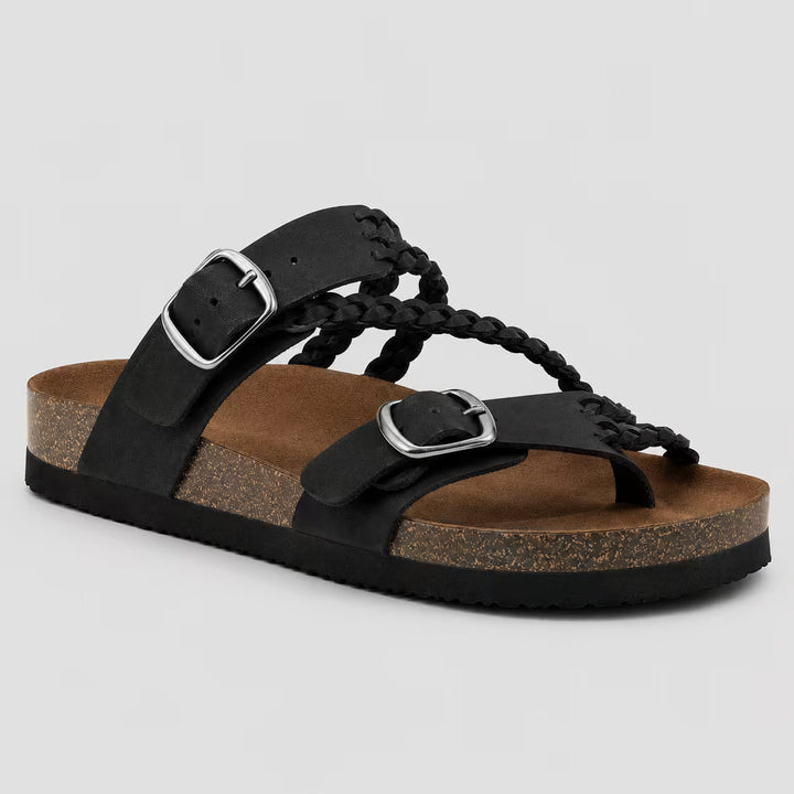 Sandalias ortopédicas negras Isabel y Miguel Madrid con dos hebillas, ideales para comodidad y soporte en los pies.