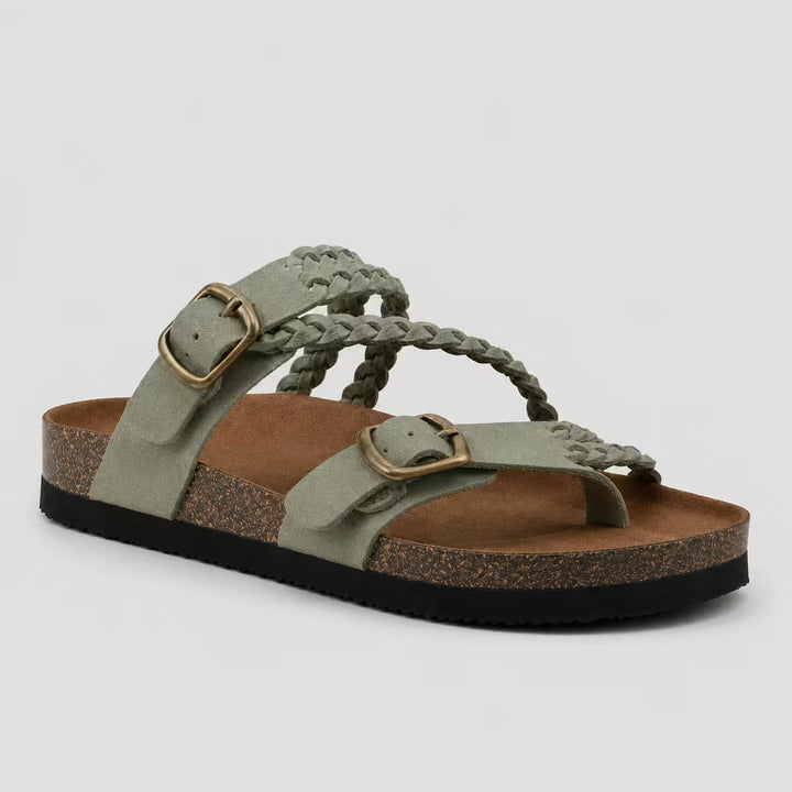 Sandalias ortopédicas Isabel y Miguel Madrid con dos hebillas verdes, diseño cómodo y ajustable para pies saludables.