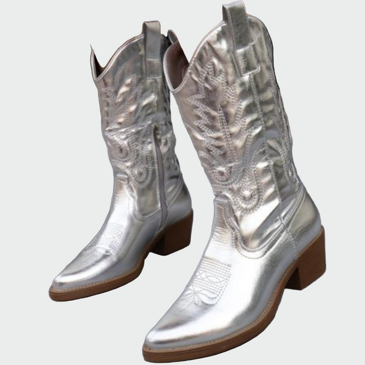 Estrella | Botines de Cowboy Metálicos Rosa con Bordado - Carlos Hernández Madrid