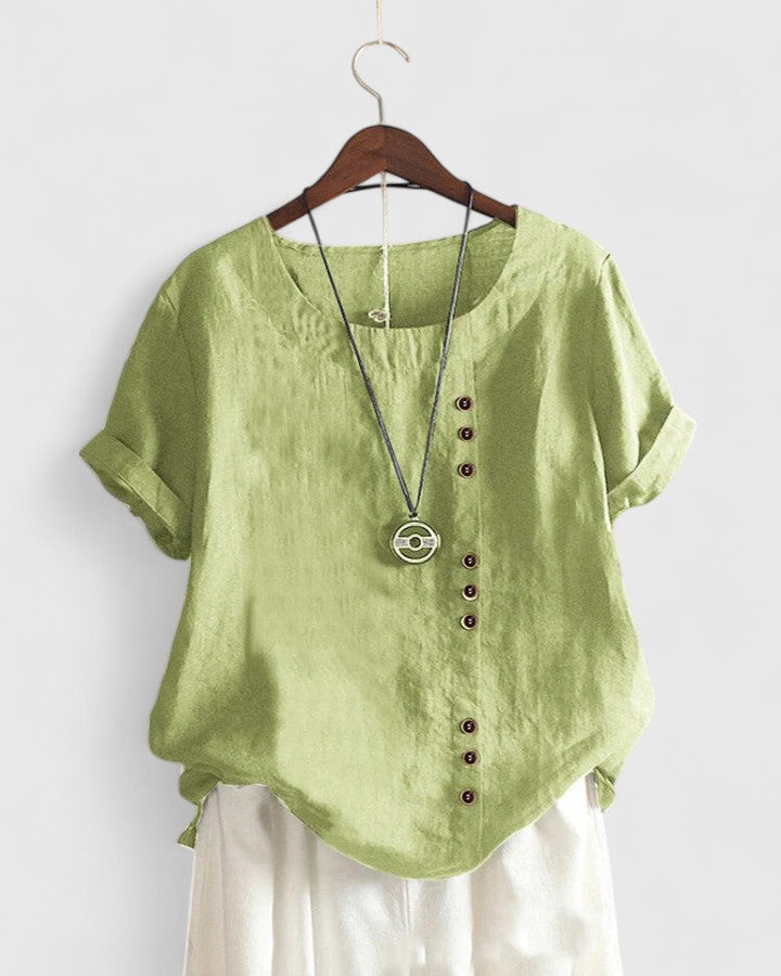 Light green short-sleeve blouse from Elisavie by Isabel y Miguel Madrid, casual women's shirt with a relaxed fit.
