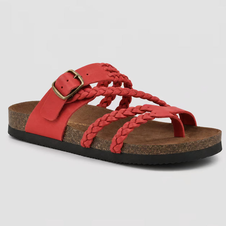 Sandalias ortopédicas Isabel y Miguel Madrid en color rojo cherry, con plantilla cómoda y diseño ergonómico para mayor soporte.