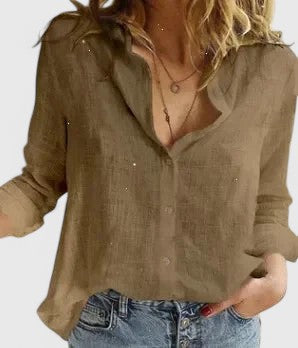 Isabel y Miguel Madrid Elena elegant blouse made of breathable cotton linen, featuring a stylish, lightweight shirt design.