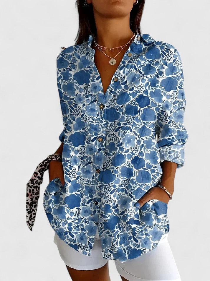 Dianne™ women's elegant and chic blouse by Isabel y Miguel Madrid, featuring a stylish design in a close-up view.