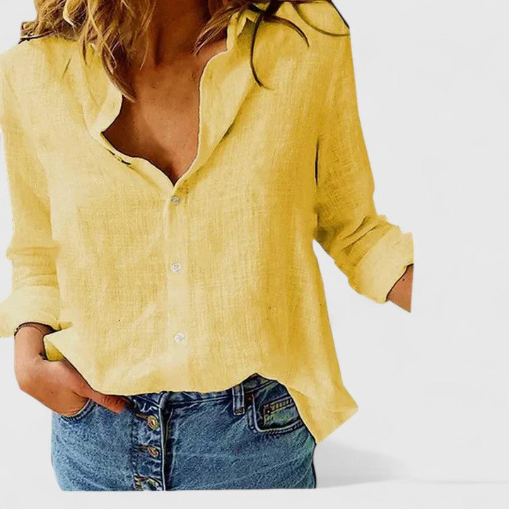 Isabel y Miguel Madrid Elena elegant cotton linen blouse, breathable shirt with a stylish design, displayed on a neutral background.
